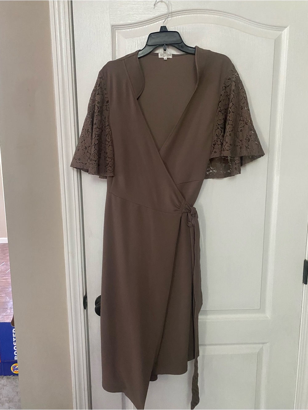 Kiyonna Brown Lace-Sleeve Wrap Midi Dress